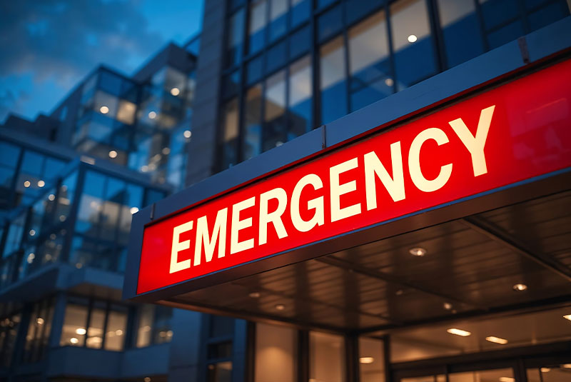 emergency sign posted outside a hospital building at night
