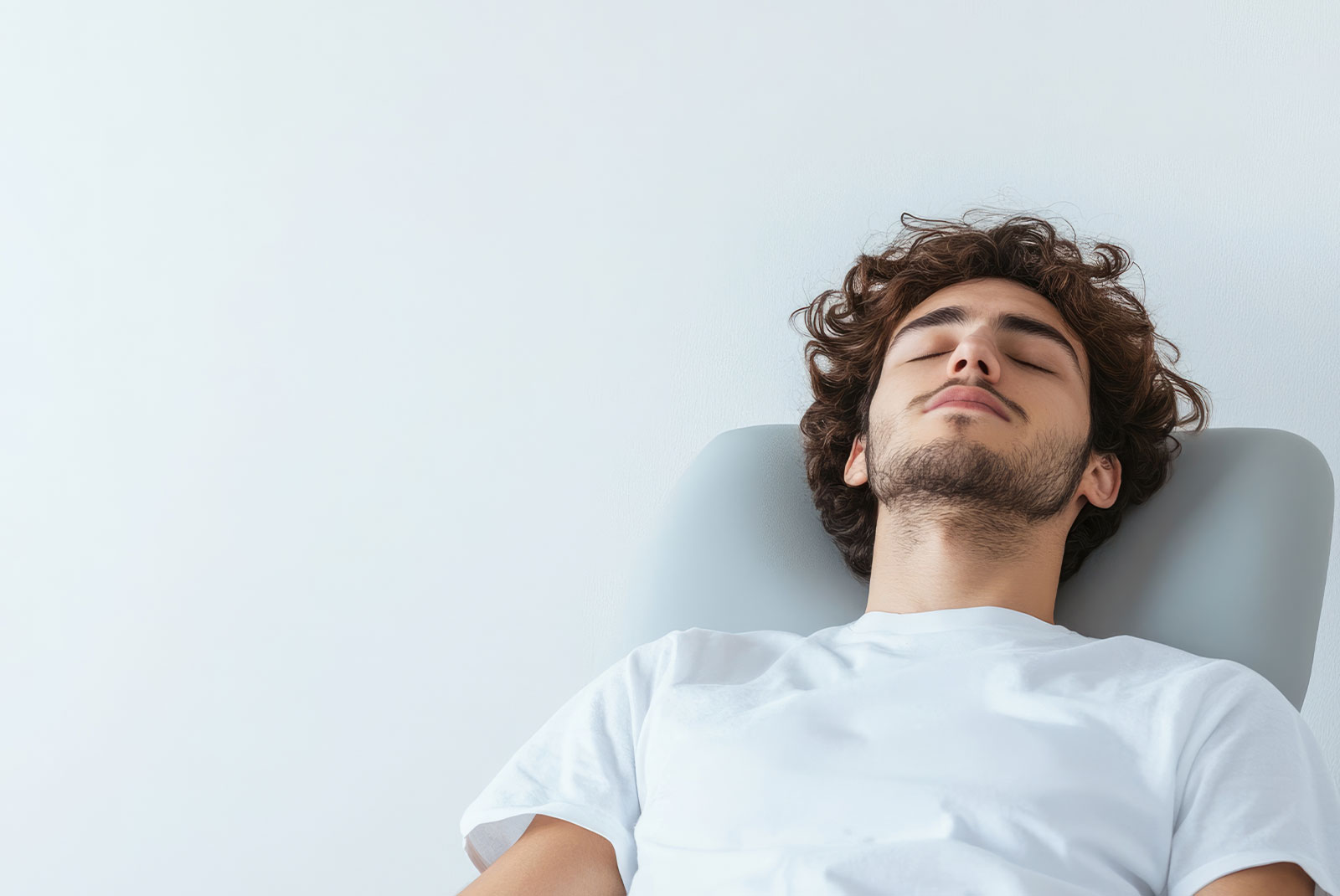 Young man with curly hair relaxing with eyes closed in dentist chair